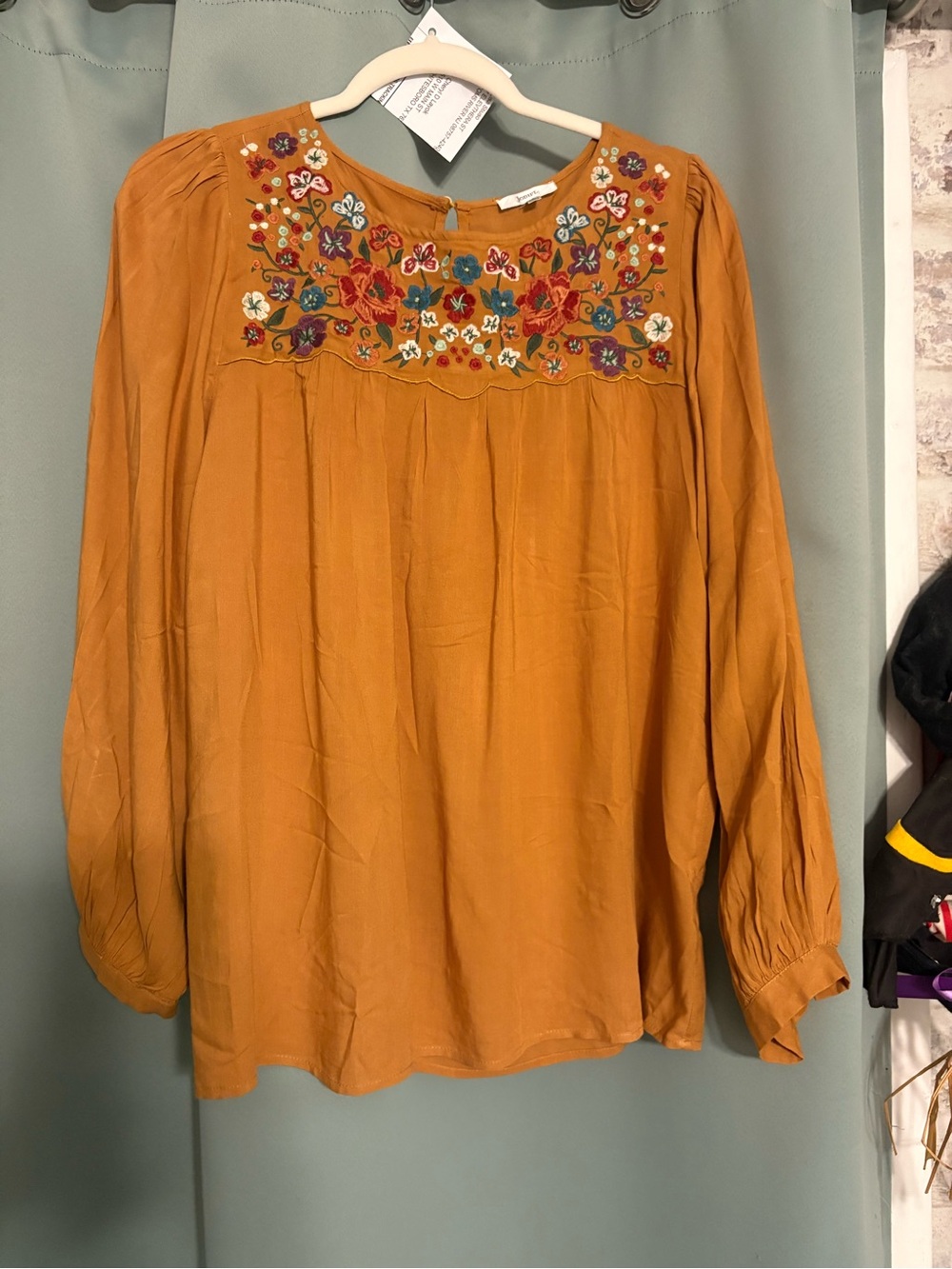 JODIFIL Embroidered Top Blouse Mustard Cuff Sleeves Flowy Boho